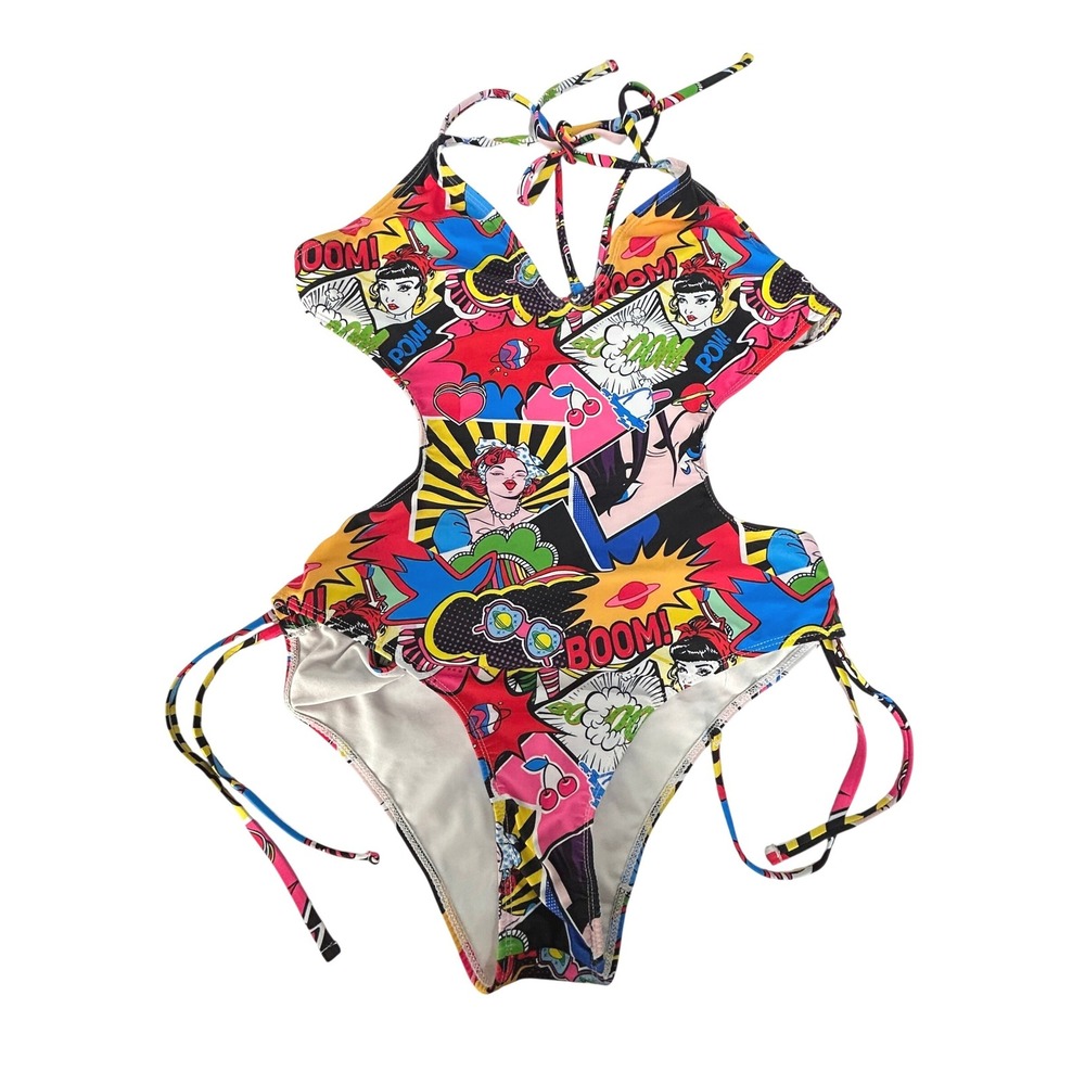 Pop Art Comic Print Cut Out Monokini Swimsuit Size XL Multicolor Retro Kitsch